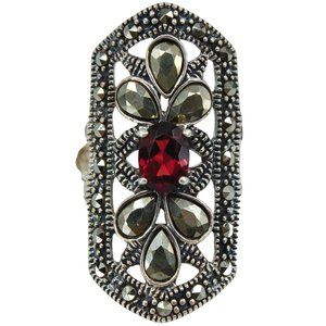Garnet Sterling Silver Marcasite Art Deco Rectangle Ring size 8